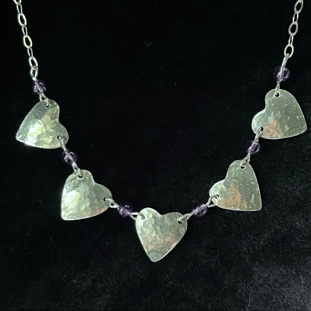 Handmade Sterling Silver Hammered Heart & Amethyst Princess Necklace 17”